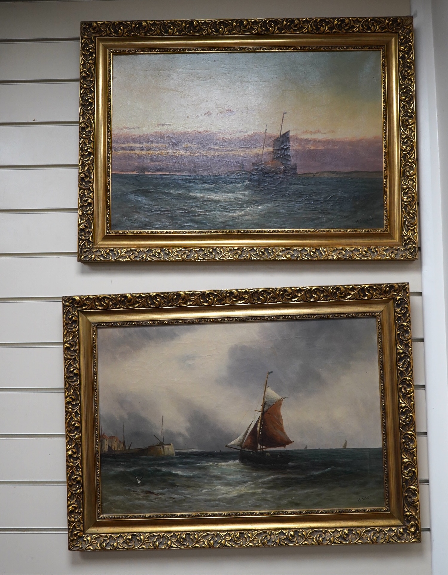H Blake, pair of oils on canvas, Shipping scenes, each signed, 40 x 59cm, ornate gilt framed. Condition - fair
